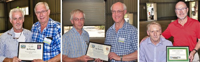 Three photos of Shed members receiving Life Membership certificates at AGMs